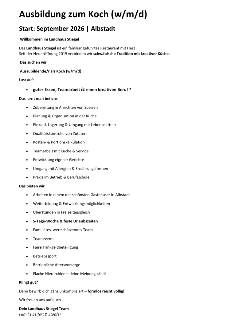 Landhaus Stiegel, Stellenangebote